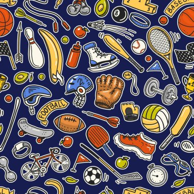 Spor Seamless modeli. Simge stil doodle. Fitness ve eğitim için donatım. Sağlık ve etkinlik sembolleri. Futbol, basketbol ve tenis. Spor salonu için oyunlar. Web sitesi için arka plan.