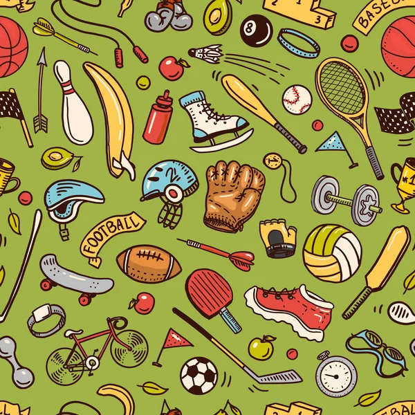 Спортивный безразмерный рисунок. Icons doodle style. Оборудование для фитнеса и тренировок. Символы здоровья и активности. Теннис, футбол, баскетбол. Игры для спортзала. Предпосылки для сайта . — стоковый вектор