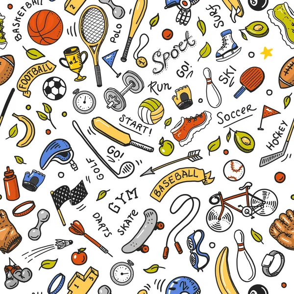 Sport bez szwu wzór. Ikony aplikacji doodle stylu. Sprzęt do fitness i szkolenia. Symbole dotyczące zdrowia i aktywności. Tenis i piłka nożna, koszykówka. Gry na siłownię. Tło dla witryny sieci web. — Wektor stockowy