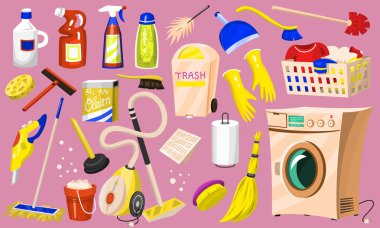Temizlik simgeler. Poster için ev ya da Oda araçlar kümesi. Çamaşır makinesi, deterjanlar temizleyici, su kova Mopping, elektrikli süpürge Kepçe, kimyasal aletler için hizmet için. Çizgi film ev.