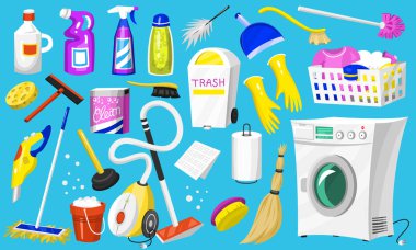 Temizlik simgeler. Poster için ev ya da Oda araçlar kümesi. Çamaşır makinesi, deterjanlar temizleyici, su kova Mopping, elektrikli süpürge Kepçe, kimyasal aletler için hizmet için. Çizgi film ev.