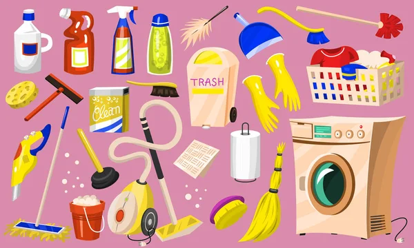 Καθαρισμός εικονίδια. Σύνολο σπίτι ή δωμάτιο εργαλείων για την αφίσα. Πλυντήριο ρούχων, απορρυπαντικά καθαρισμού, νερό κουβά για υπηρεσία συσκευές Mopping, ηλεκτρική σκούπα σέσουλα, χημικές ουσίες. Νοικοκυριό κινουμένων σχεδίων. — Διανυσματικό Αρχείο