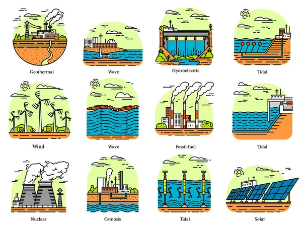 Ikony elektrowni. Zestaw budynków przemysłowych. Fabryki jądrowych chemiczny geotermalnej, wiatr słoneczny fala wodna, paliwa kopalne, osmotyczne wytwarzania energii. Ekologiczne źródła energii elektrycznej. — Wektor stockowy