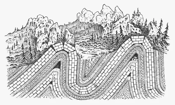 Camadas de conceito placas tectônicas. Litosfera e a estrutura da terra. Solo e Calcário. Geografia geologia de fundo. O esquema da formação de montanhas . — Vetor de Stock