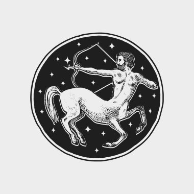 Yay burç simgesi. Astroloji burç işareti ile. Takvim şablonu. Koleksiyon anahat hayvanlar. Klasik vintage tarzı. Oyma el çizilmiş kroki.