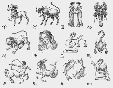 Zodyak simgeleri. Astroloji Burç işaretleri. Takvim şablonu. Koleksiyon anahat hayvanlar. Vintage tarzı. Terazi akrep Yay Oğlak kova balık. Koç Boğa İkizler kanser Leo Virgo.