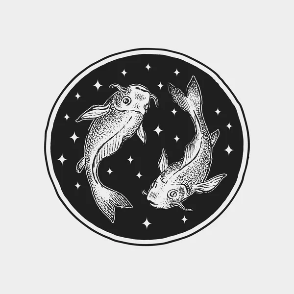 Piscis icono del zodíaco. Horóscopo de astrología con signo. Plantilla de calendario. Colección bosquejo animales. Estilo clásico vintage. Bosquejo dibujado a mano grabado . — Vector de stock