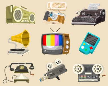 Vintage aygıtları simgeler. Retro teknoloji medya, televizyon tv, ses radyo müzik, elektronik ses kayıt cihazları, kamera, daktilo ve konsol, vinil player. Eski gadget'lar ve multimedya teknolojisinin ayarla.