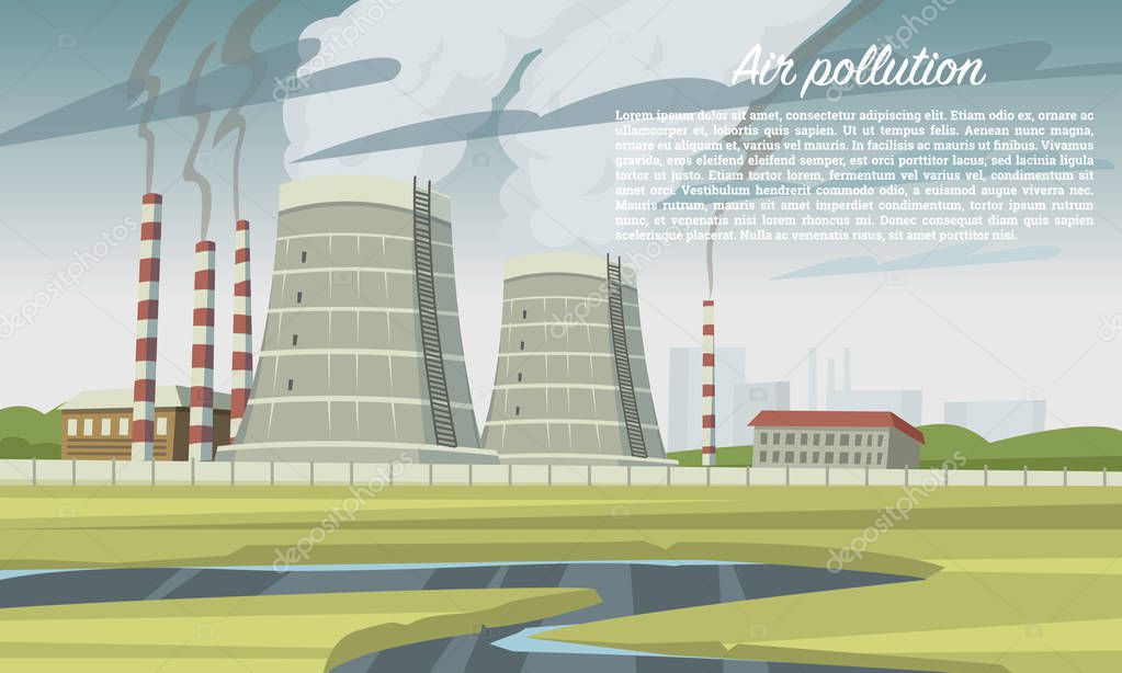 Air pollution. Smog chimney, coal Industry factory, nuclear plants. Emissions of toxic hazardous radioactive waste, carbon dioxide from smoking towers. Environmental problem. Ecological catastrophe. 
