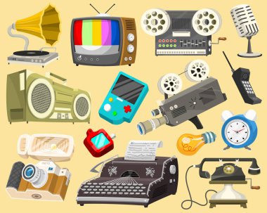 Vintage aygıtları simgeler. Retro teknoloji medya, televizyon tv, ses radyo müzik, elektronik ses kayıt cihazları, kamera, daktilo ve konsol, vinil player. Eski gadget'lar ve multimedya teknolojisinin ayarla.