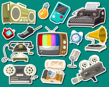 Vintage aygıtları simgeler. Retro teknoloji medya, televizyon tv, ses radyo müzik, elektronik ses kayıt cihazları, kamera, daktilo ve konsol, vinil player. Eski gadget'lar ve multimedya teknolojisinin ayarla.
