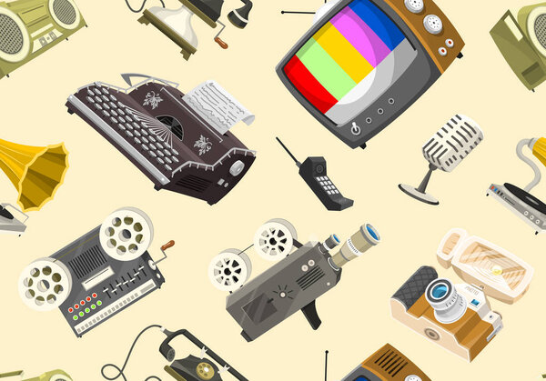 Винтажные приборы бесшовный рисунок. Retro tech media, Television tv, Audio radio music, Felic sound recorder, Movie Camera, Mypewriter and Console, Vinyl player. Гаджеты и мультимедийные технологии
.