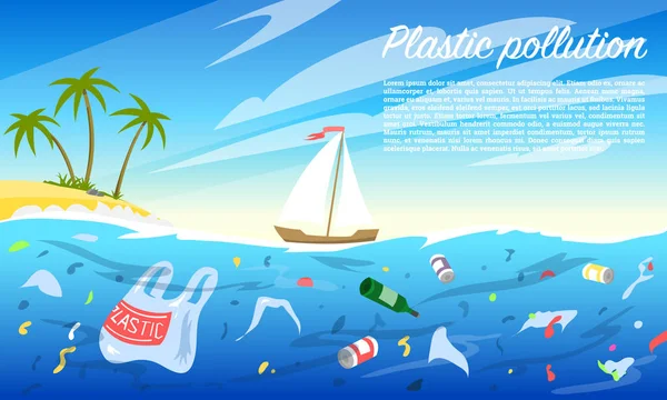 Pollution des océans. Bouteille et sacs en plastique, déchets, ordures, déchets ménagers dans l'eau. Problème environnemental. Catastrophe écologique, Mer sale. Destruction des créatures marines . — Image vectorielle