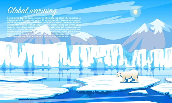 Erderwärmung. Umweltproblem. Klimawandel. Umweltkatastrophe. Luftverschmutzung. Eisbär auf einer treibenden Eisscholle im Nordpolarmeer. — Stockvektor