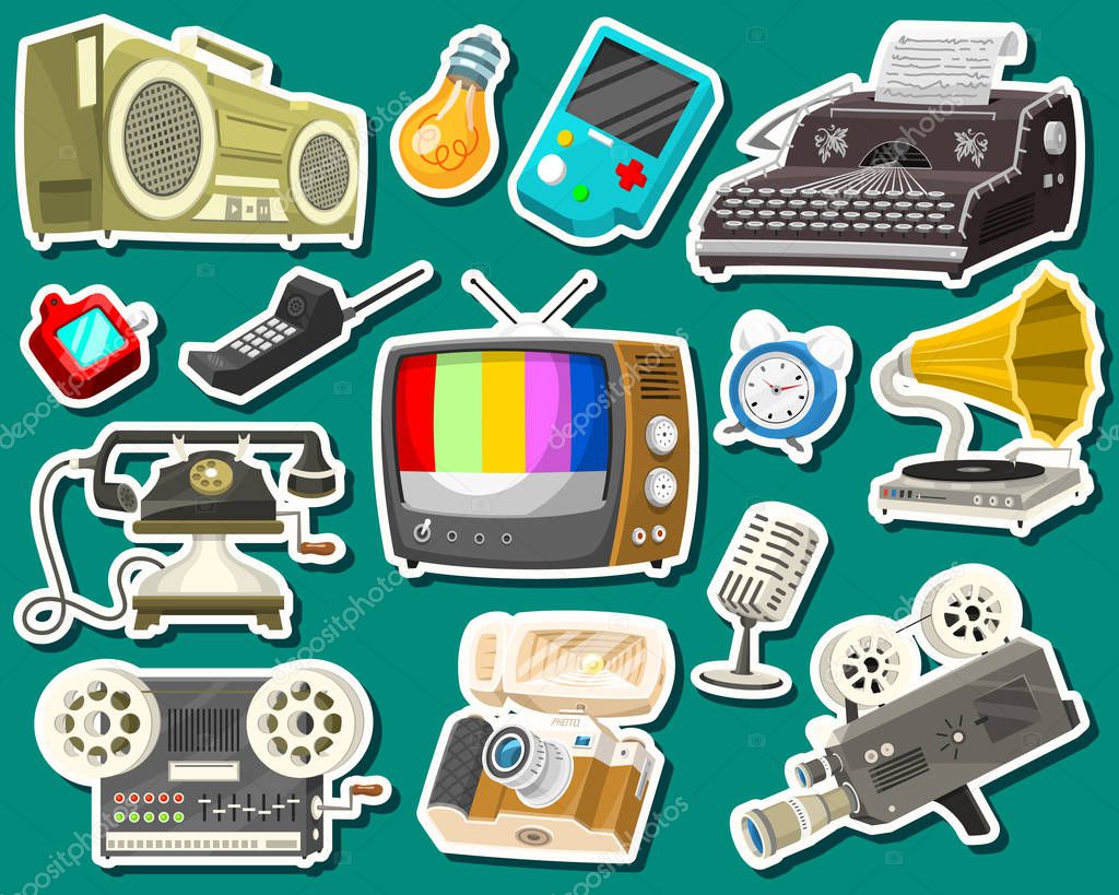 Vintage devices icons. Retro tech media, Television tv, Audio radio music, Electronic sound recorders, Movie Camera, Typewriter and Console, Vinyl player. Set of old gadgets and Multimedia technology.