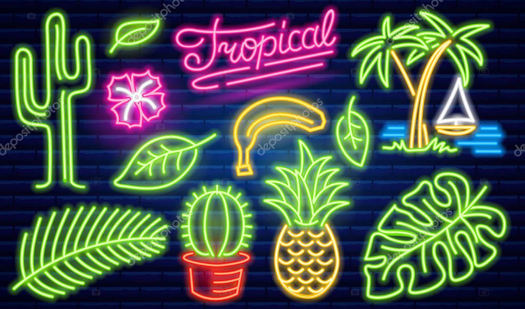 Set of fashion neon sign. Cactus and pineapple, tropical plants, palm trees and leaves. Night bright signboard, Glowing light banner. Summer logo for Club or bar on dark background. Editable vector