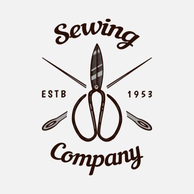 Dikiş makas. Terzi dükkanı rozetleri etiket. Araç ve iğne işi için öğe. El yapımı ekipmanları. Oyma el eski vintage kroki gerçekçi çizilmiş.