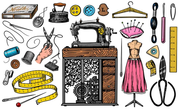 Set of sewing tools and elements or materials for needlework. Handmade equipment. Tailor shop for badges labels. Thread and needle, mannequin. Engraved hand drawn realistic in old vintage sketch. — Stock Vector