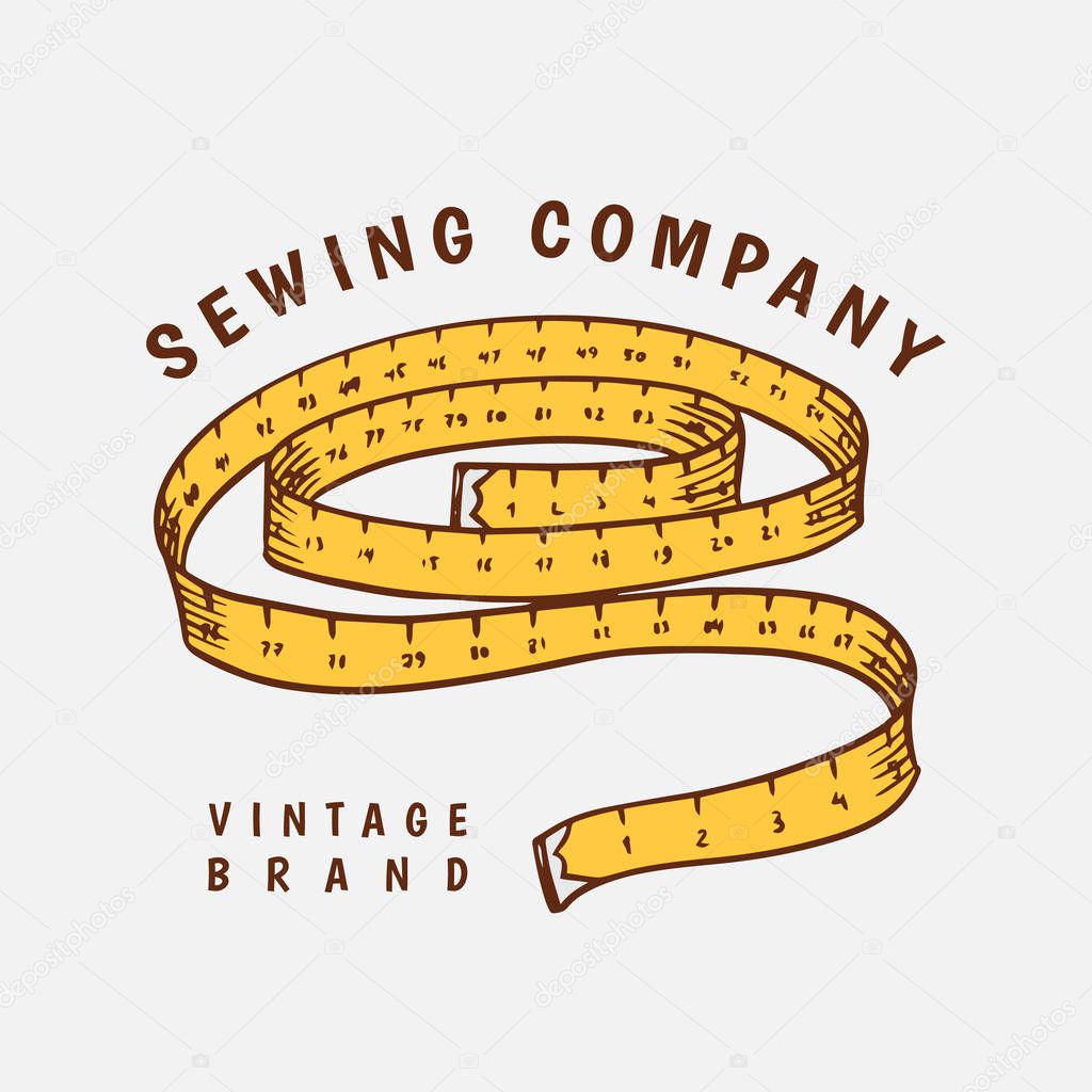 Tape measure. Sewing tools and element for needlework. Handmade equipment. Tailor shop badges label. Engraved hand drawn realistic in old vintage sketch