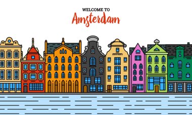 Avrupa evi veya daireleri. Hollanda sevimli mimarisi seti. Banner veya poster için klasik sokak ve rahat evler ile mahalle. Bina ve cephelerde. Doodle kroki düz stil.