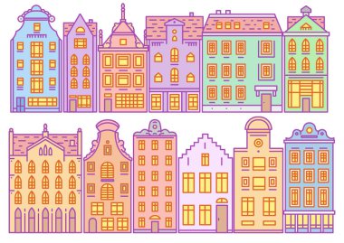 Avrupa ev veya daire seti. Hollanda 'da sevimli mimari. Bina ve cephelerde. Klasik sokak ve rahat evler ile mahalle. Doodle kroki düz stil.