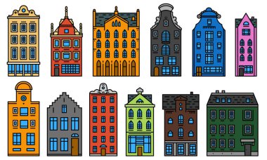 Avrupa evi veya daireleri. Hollanda sevimli mimarisi seti. Banner veya poster için klasik sokak ve rahat evler ile mahalle. Bina ve cephelerde. Doodle kroki düz stil.