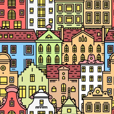 Avrupa ev veya daireler Dikişsiz desen. Sevimli mimari arka plan. Banner veya poster için klasik sokak ve rahat evler ile mahalle. Bina ve cephelerde. Doodle kroki düz stil.