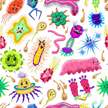 Bakteri karakterleri Dikişsiz desen. Karikatür sevimli germ virüs komik enfeksiyon. Komik kötü duygular Micro microbe. Renk Monster, patojen veya parazit.