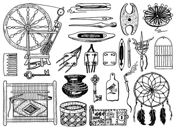 Набор инструментов для хобби. Швейные элементы или материалы для вязания и рукоделия. Оборудование ручной работы. Женская работа. Магазин одежды для значков. Ручная гравировка, реалистичная на старинном рисунке . — стоковый вектор