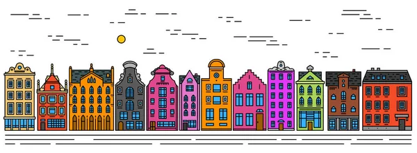 欧洲的房子或公寓。一套可爱的建筑在荷兰。邻里与经典的街道和舒适的家横幅或海报。建筑和外墙。涂鸦素描平面风格. — 图库矢量图片