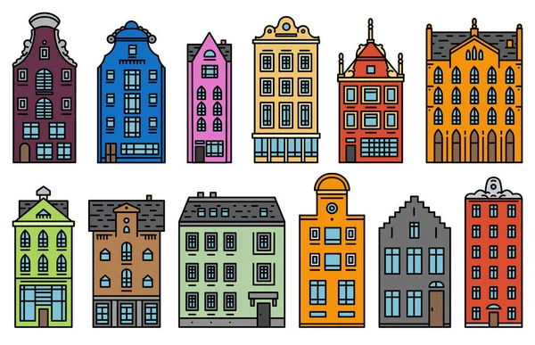 Dom i apartamenty w Europie. Zestaw cute architektury w Amsterdamie. Sąsiedztwo z klasyczną uliczkę i przytulne domy. Budowa i elewacje dla banner lub plakatu. Szkic Doodle. — Wektor stockowy