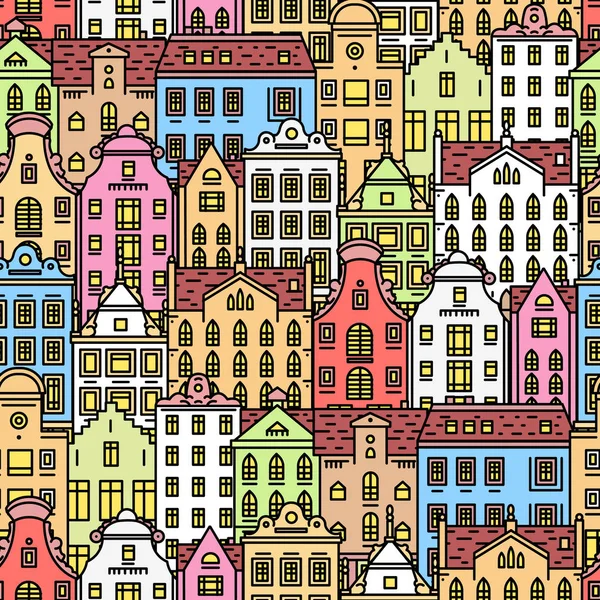 Europa casa ou apartamentos sem costura padrão. Arquitetura bonito fundo. Bairro com rua clássica e casas aconchegantes para Banner ou cartaz. Edifício e fachadas. Esboço Doodle estilo plano . —  Vetores de Stock