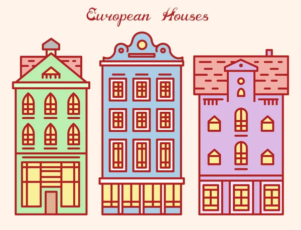 Europa casa o appartamenti. Architettura carina in Olanda. Quartiere con strada classica e case accoglienti per Banner o poster. Edificio e facciate. Schizzo Doodle Stile piatto . — Vettoriale Stock