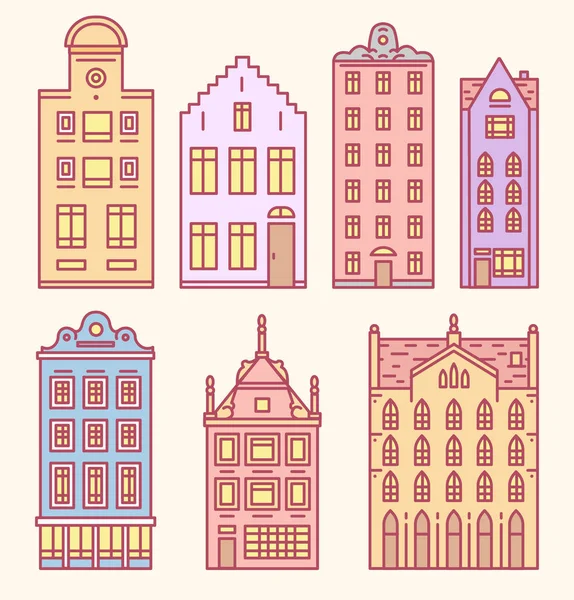 Europe maison ou appartements Set de croquis Doodle. Architecture mignonne aux Pays-Bas. Maisons confortables pour bannière ou affiche. Bâtiment et façades. Style plat . — Image vectorielle