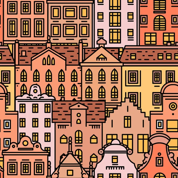 Dom Europy bez szwu wzór. Śliczne tło architektury. Sąsiedztwo z klasycznymi apartamentami i przytulne domy na banner lub plakat. Szkic Doodle. — Wektor stockowy