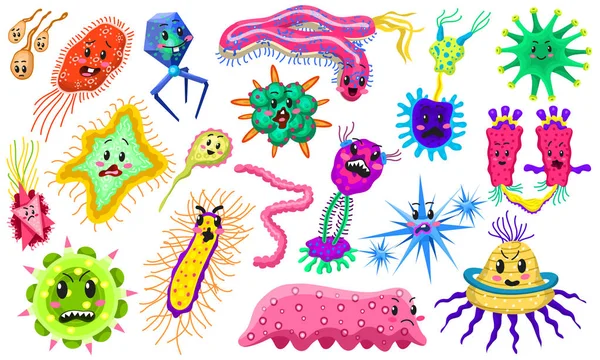 Set of bacteria characters. Cartoon Cute germ virus funny infection. Funny bad emotions micro Microbe. Color Monster, pathogen or parasite. — Stock Vector