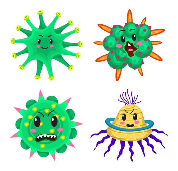 Conjunto de caracteres de bacterias. Dibujos animados lindo virus germinal infección divertida. Graciosas malas emociones micro Microbio. Color Monstruo, patógeno o parásito . — Archivo Imágenes Vectoriales