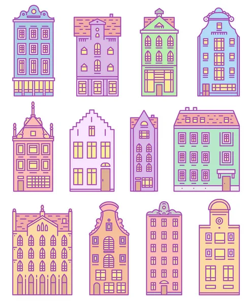 Європа будинку і квартири. Безліч мила архітектура в Амстердамі. Околиці з класичними вулиці і затишними будинками. Будівництво та фасади для банера або плаката. Каракулі ескіз. — стоковий вектор