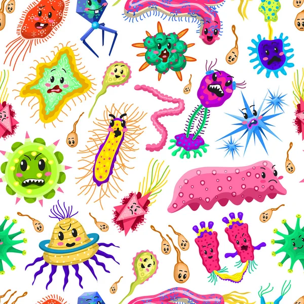 Bakteri karakterleri Dikişsiz desen. Karikatür sevimli germ virüs komik enfeksiyon. Komik kötü duygular Micro microbe. Renk Monster, patojen veya parazit.