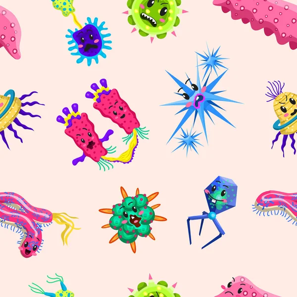 Personajes bacterianos Patrón sin costuras. Dibujos animados lindo virus germinal infección divertida. Graciosas malas emociones micro Microbio. Color Monstruo, patógeno o parásito . — Archivo Imágenes Vectoriales