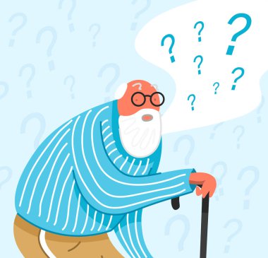 Düşünme ihtiyar pijama. Düşünceli insanlar sorun anlıyorum. Dalgın dedesi bul başarılı çözüm. Sevimli karakter. İllüstrasyon karikatür tarzı. Yaşlı bir soru sorar.