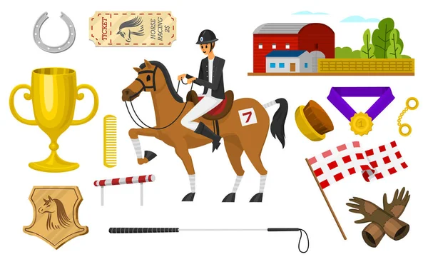Reiten. Renn-Ikonen für Activity Jockey Club. Set von Ausrüstungen für den Pferdesport Poster. Zubehör Hufeisen, Peitsche, Pferdesattel, Hippodrom, Pferdezaum für die Dressur. — Stockvektor