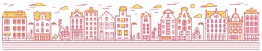 Avrupa ev veya daire Doodle kroki seti. Hollanda 'da sevimli mimari. Banner veya poster için rahat evler. Bina ve cephelerde. Düz stil.