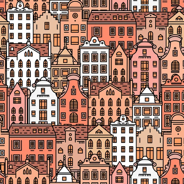 유럽 집 완벽 한 패턴입니다. 귀여운 건축 배경입니다. 고전적인 아파트와 배너 또는 포스터에 대 한 아늑한 주택 동네입니다. 낙서 스케치. — 스톡 벡터