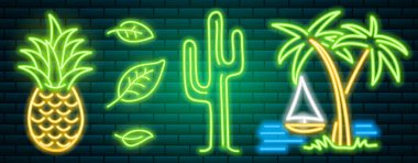 Neon işaretler ve simgeler. Kaktüs ve ananas, tropikal bitkiler, palmiye ağaçları ve yaprakları. Gece parlak tabela, parlayan ışık afiş seti. Yaz logosu. Düzenlenebilir vektör.