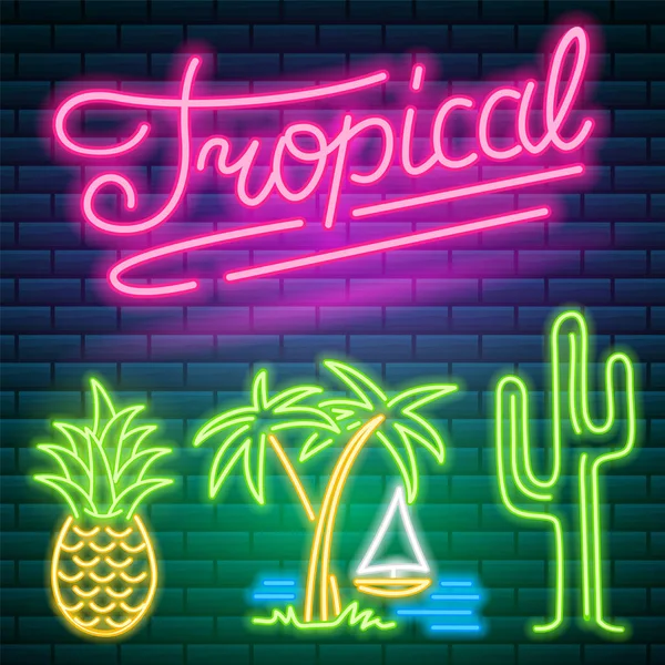 Signes et icônes au néon. Cactus et ananas, plantes tropicales, palmiers et feuilles. Ensemble d'enseigne lumineuse de nuit, bannière lumineuse. Logo d'été. Vecteur modifiable . — Image vectorielle