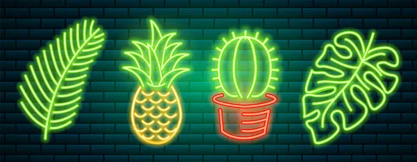 Signes et icônes au néon. Cactus et ananas, plantes tropicales, palmiers et feuilles. Ensemble d'enseigne lumineuse de nuit, bannière lumineuse. Logo d'été. Vecteur modifiable . — Image vectorielle