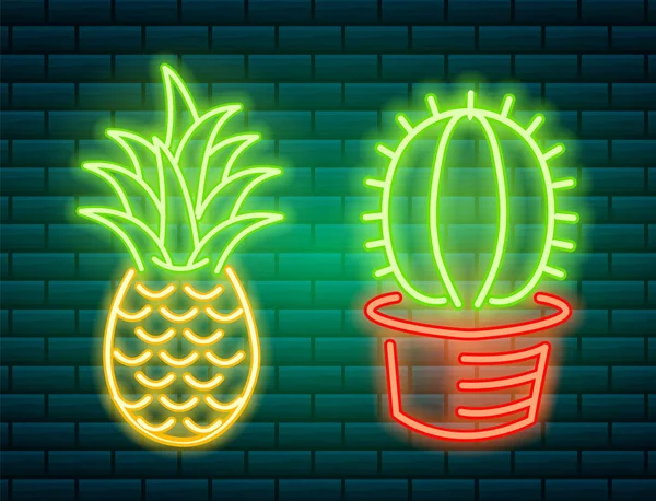 Leuchtreklamen und Symbole. Kakteen und Ananas, tropische Pflanzen, Palmen und Blätter. Nachtleuchtendes Schild, leuchtendes Lichtbanner. Sommerlogos. editierbarer Vektor. — Stockvektor