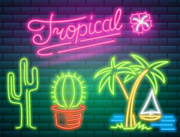 Sinais de néon tropical. Cacto e palma. Logotipo de verão para clube ou bar no fundo escuro. Sinalização de noite brilhante, banner de luz brilhante. Vetor editável . — Vetor de Stock