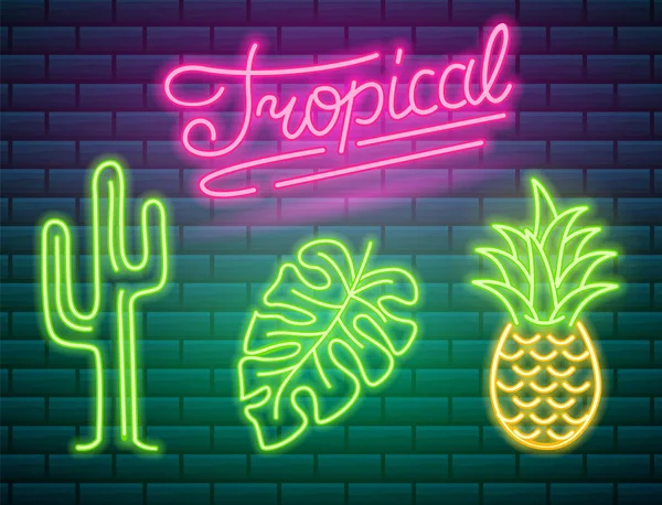 Signes et icônes au néon. Cactus et ananas, plantes tropicales, palmiers et feuilles. Ensemble d'enseigne lumineuse de nuit, bannière lumineuse. Logo d'été. Vecteur modifiable . — Image vectorielle